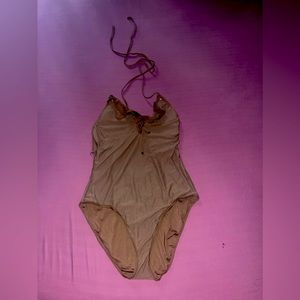 Old Navy Hunter Green One piece bathing suit w| ruffles at neckline & gold trim